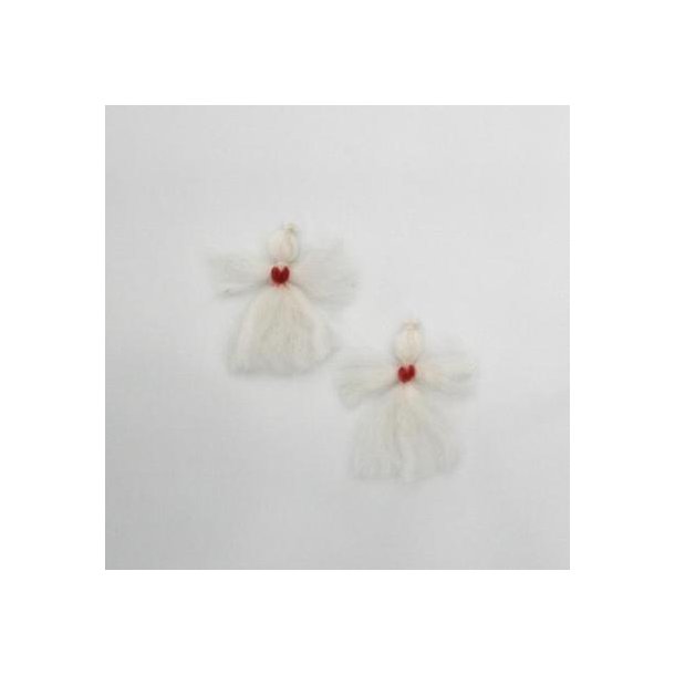 Hvide engle i uld, med hjerter, 6-9 cm