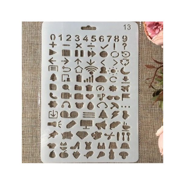 Stencil af plastic, 26 cm, tal og symboler